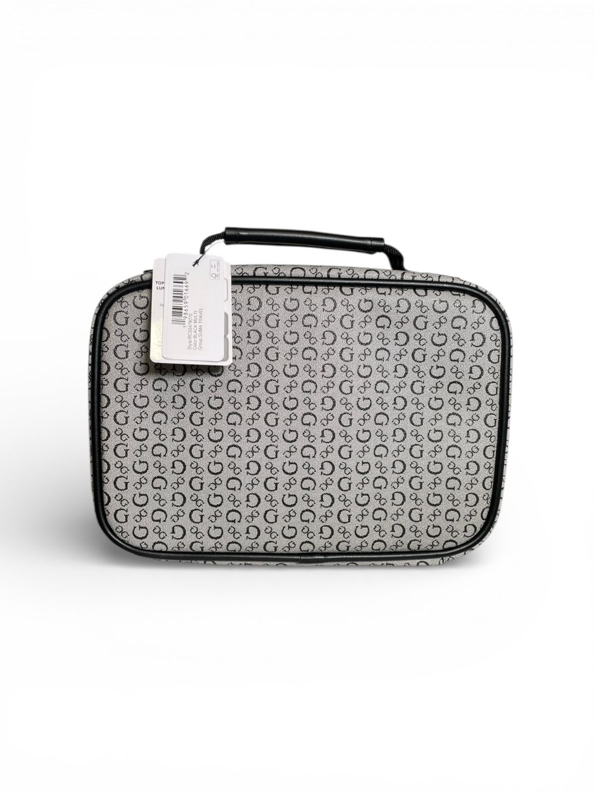 Neceser GUESS Original Gris Monograma con Franja Negra – Cosmetiquera