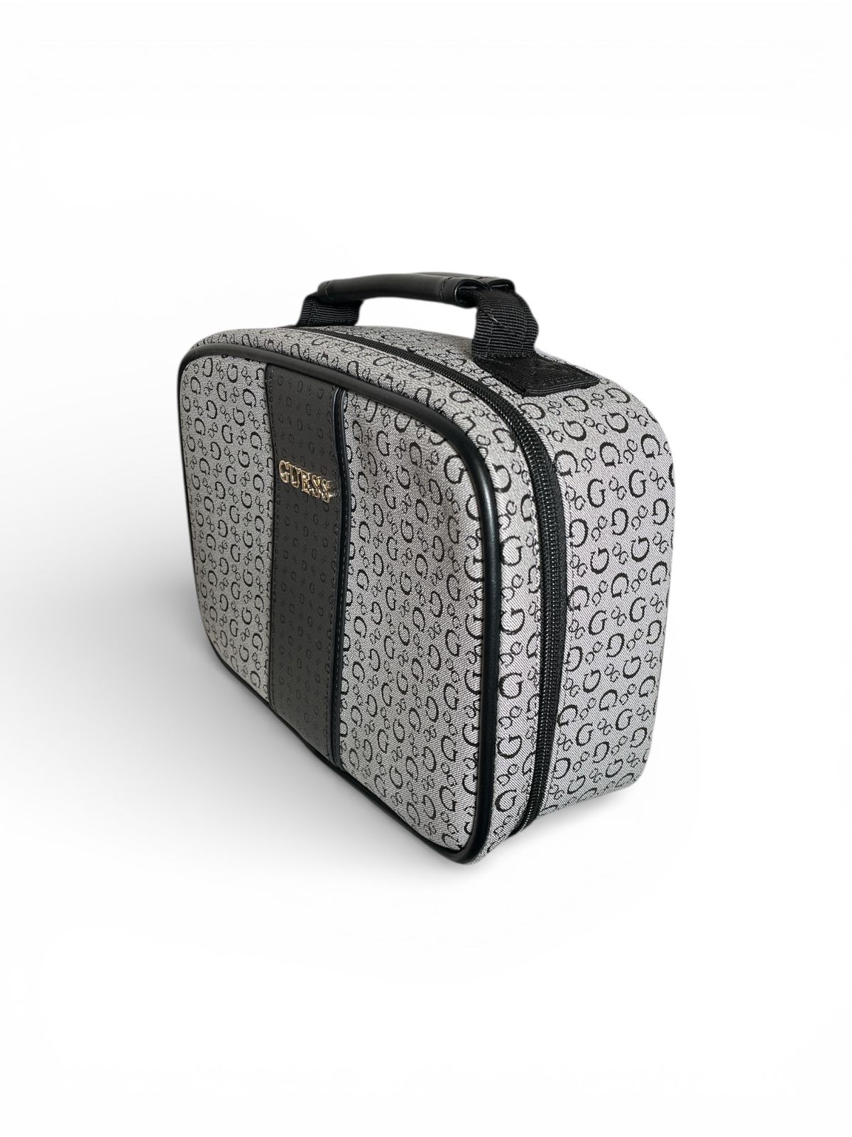 Neceser GUESS Original Gris Monograma con Franja Negra – Cosmetiquera